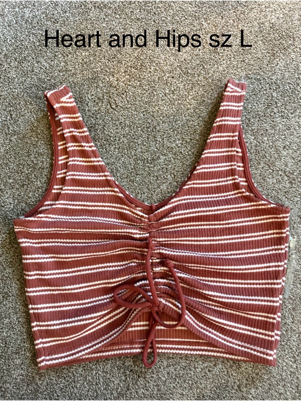 Women’s Ribbed Striped Tie-Front Tank Top - Rust/White Heart and Hips Sz L